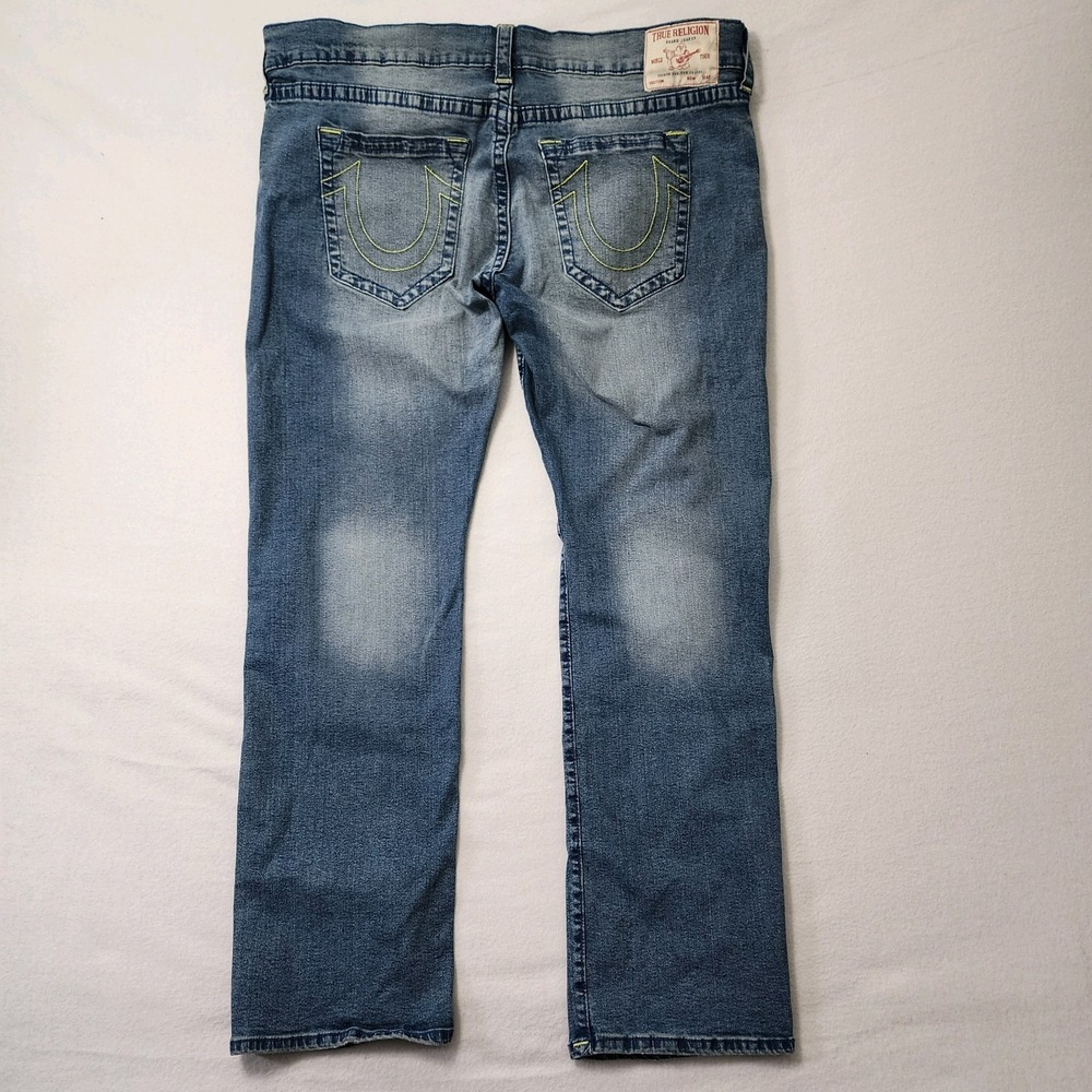 True Religion Ricky Relaxed Straight Mens 42x33 Blue Fade Neon Thread No Flap